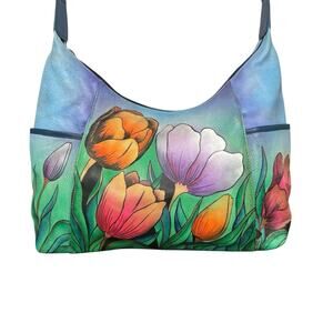 NWT! Anuschka Hand Painted Tulips Leather Hobo Handbag with Card Wallet